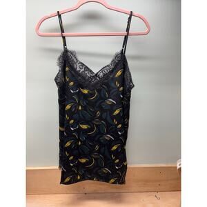 Halogen Cami, Black with Green and Yellow Print, Black Lace Trim, Sz Med